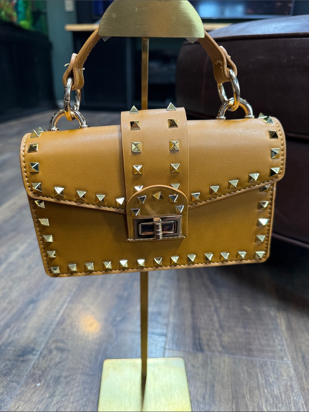 Studded Mini Satchel Handbag in Mustard Brown